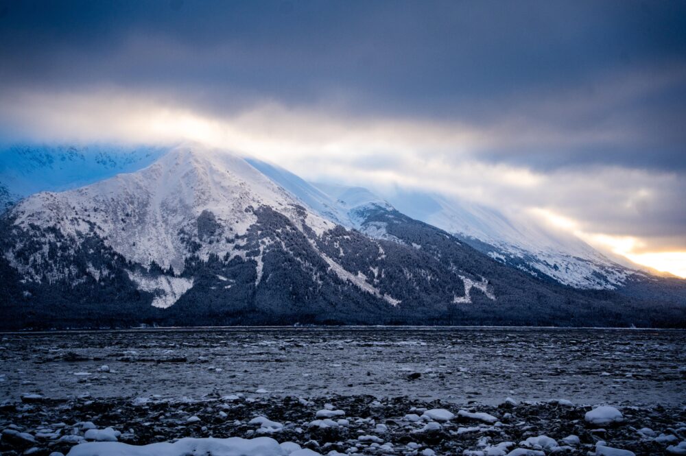 winter, landscape, Alaska, lake, mountains, forest, clouds, snow