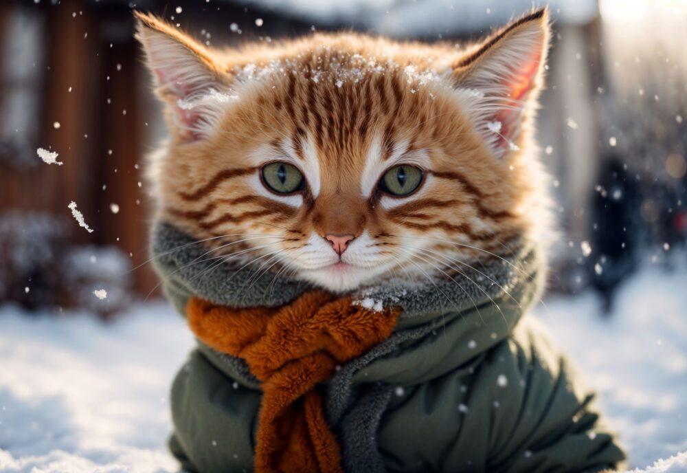 ginger kitten, scarf, enjoying winter, snow, AI art