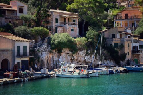 boats, water, dockside, houses, nature, rocks