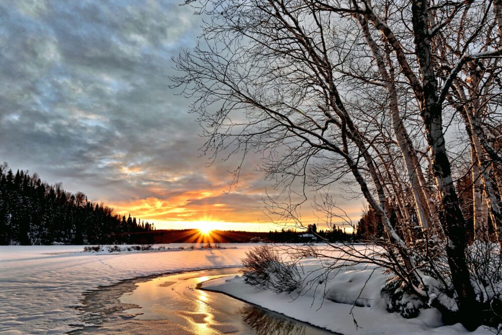 winter, landscape, sun, snow, brook