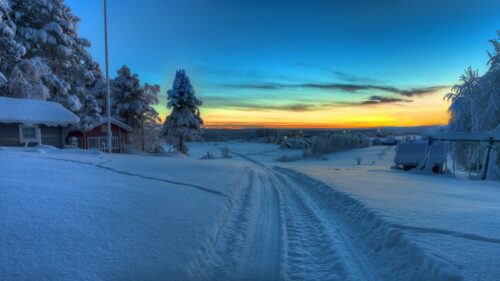 winter, road, village, snow