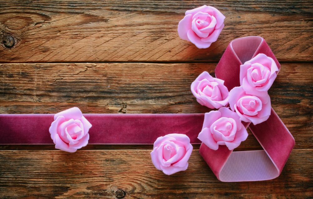 roses, pink ribbons decoration, roses on wooden boards, womens day wallpaper