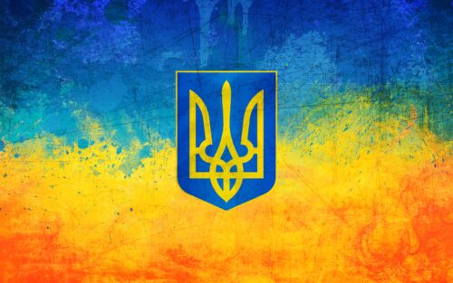 Coat of arms of Ukraine on a blue-yellow background