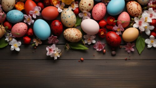 Красиві різнокольорові яйця на Великдень на дерев'яними тлі