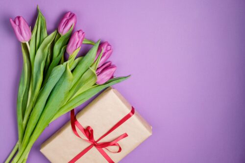 womens day 8 march wallpaper, gift and tulips on lilac, spring desktop background