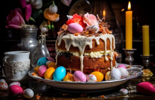 Easter cake with white icing, colorful Easter eggs