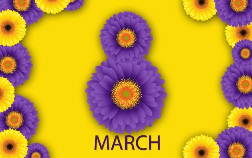 картинки к 8 марту, цифра восемь, ромашки, жёлтый фон, украшение рабочего стола