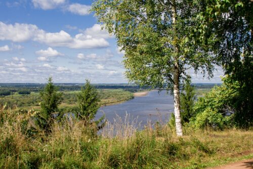 Лето, пейзаж, вид на реку с высокого берега