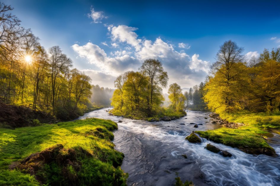 Spring landscape: a fast river among green trees